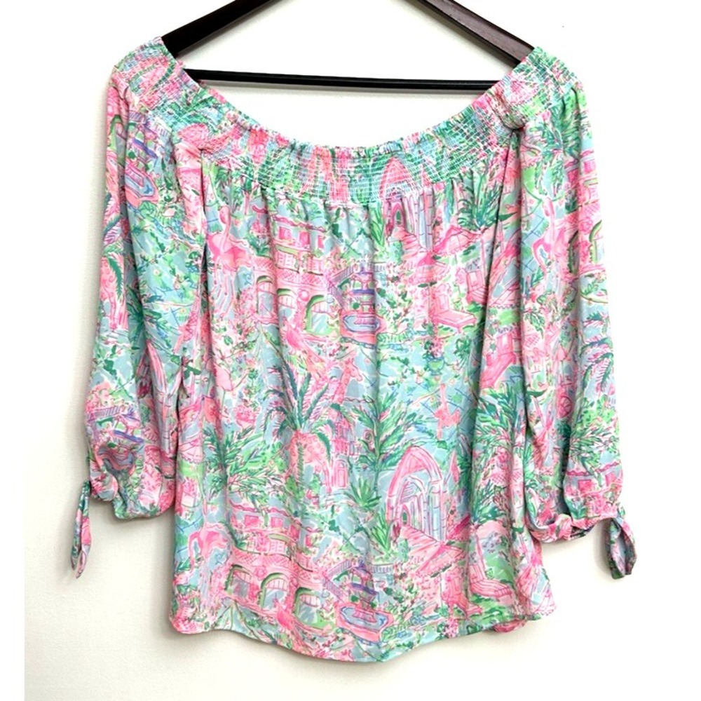 Lilly Pulitzer Maryellen Off the Shoulder Top Blouse Women's M Palm Beach Birds